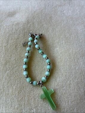 Green glass Beaded Cross Bracelet -  6” with extension to 8”